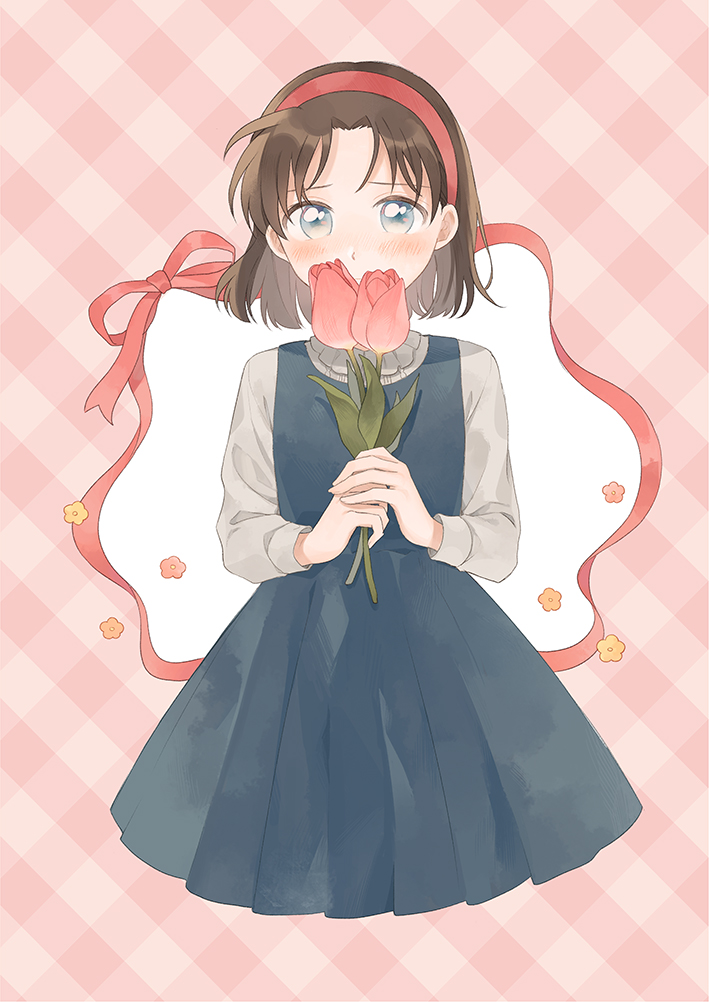 1girl blue_dress blue_eyes blush brown_hair cropped_legs dress flower grey_shirt hairband holding holding_flower long_sleeves looking_at_viewer meitantei_conan pinafore_dress pink_background pink_flower plaid plaid_background pleated_dress red_hairband shiny shiny_hair shirt short_hair sleeveless sleeveless_dress solo tulip yoshida_ayumi zarutsu