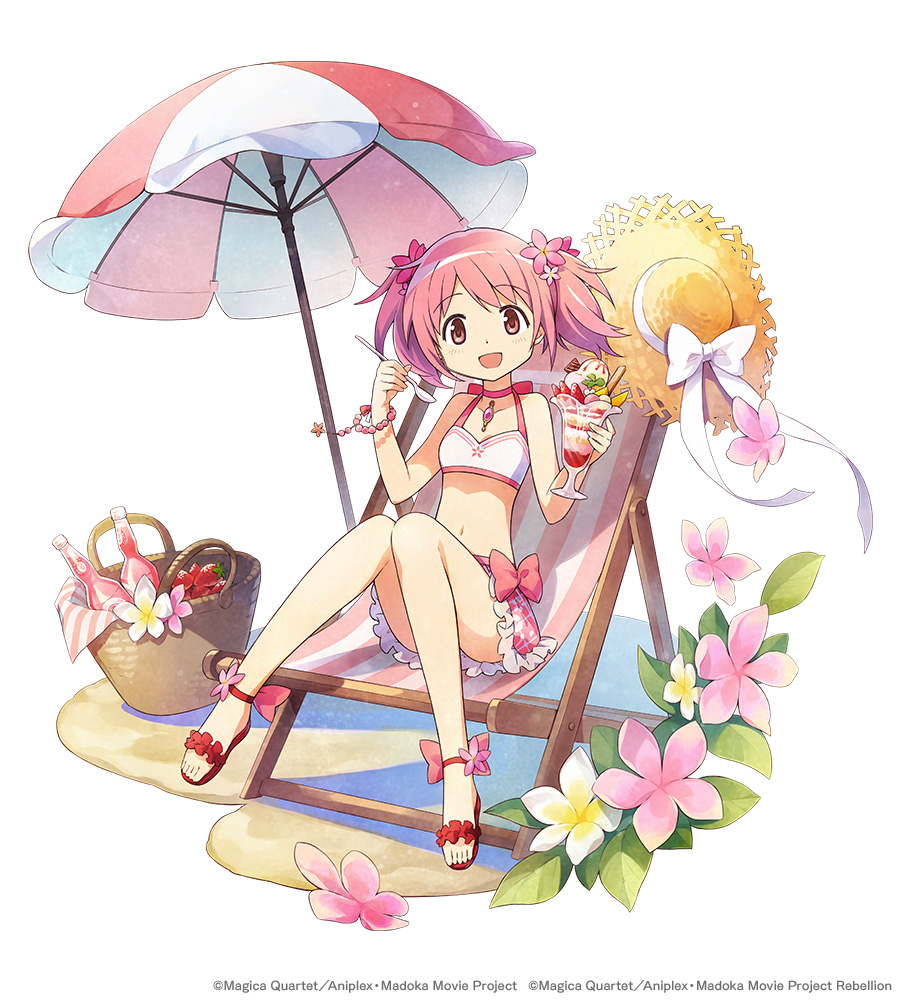 1girl :d alternate_costume alternate_hair_ornament aniplex ankle_flower ankle_ribbon ankle_strap artist_request bare_arms bare_legs bare_shoulders basket blush bottle bracelet breasts caramel chair choker collarbone copyright_name cup deck_chair dot_nose drink eyebrows_visible_through_hair flower food frilled_swimsuit frills fruit full_body hair_flower hair_ornament halter_top halterneck happy hat hat_removed hat_ribbon headwear_removed holding holding_cup holding_spoon ice_cream jewelry kaname_madoka knees_together_feet_apart leaf looking_at_viewer mahou_shoujo_madoka_magica navel official_art open_mouth orange orange_slice oversized_flowers parasol phantom_of_the_kill pink_choker pink_eyes pink_flower pink_hair pink_neckwear pink_ribbon plaid plaid_swimsuit plumeria red_footwear ribbon ribbon_choker sand sandals shadow shiny shiny_hair short_twintails simple_background sitting small_breasts smile solo soul_gem spoon stomach straw_hat strawberry swimsuit twintails umbrella white_background white_flower white_ribbon