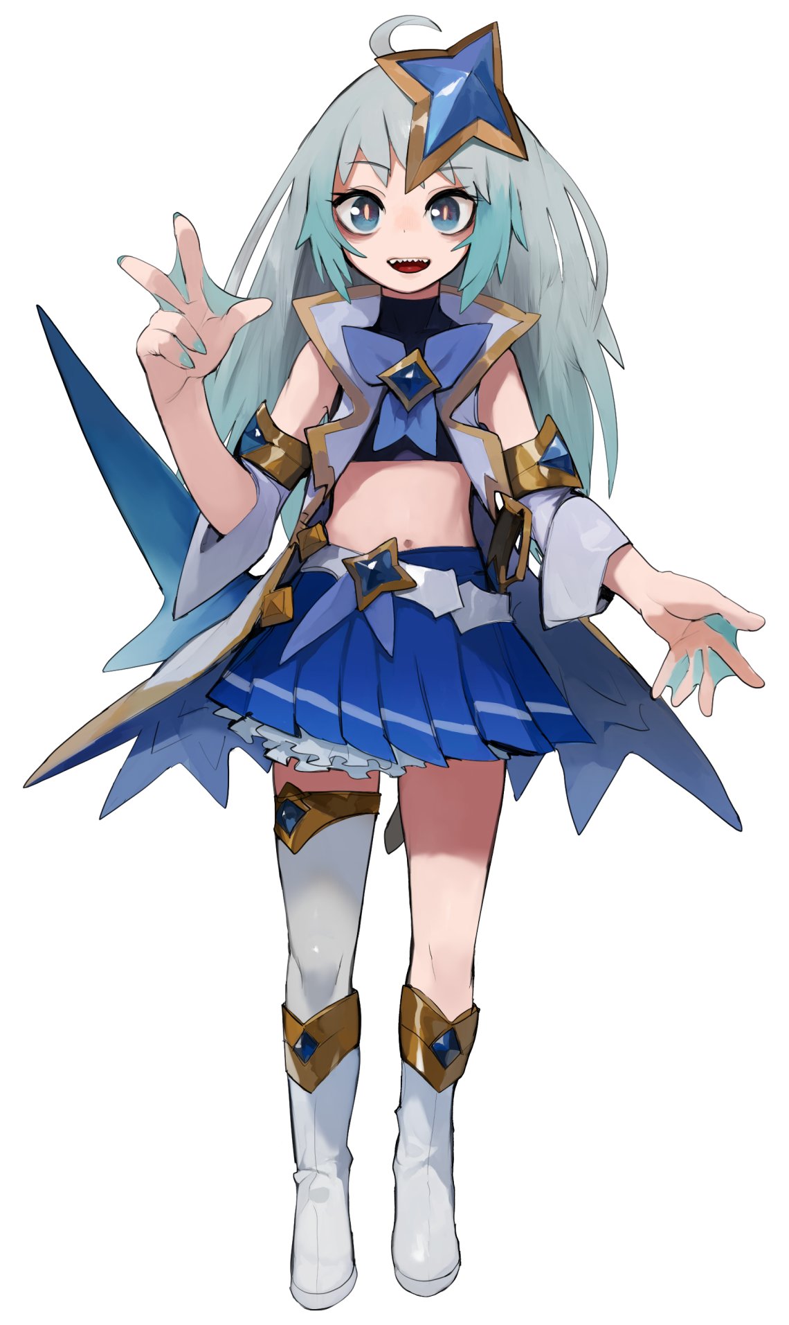 1girl ahoge belt blue_eyes blue_hair blue_nails blue_neckwear blue_skirt blue_theme coat commission detached_sleeves eyebrows_visible_through_hair fingernails fish_girl fish_tail frills hair_ornament highres league_of_legends long_hair nail_polish navel open_mouth original raichiyo sharp_teeth simple_background single_thighhigh skirt slit_pupils smile solo standing star_(symbol) star_guardian_(league_of_legends) star_hair_ornament tail teeth thigh-highs turtleneck upper_teeth w webbed_hands white_background white_belt white_coat white_footwear white_legwear