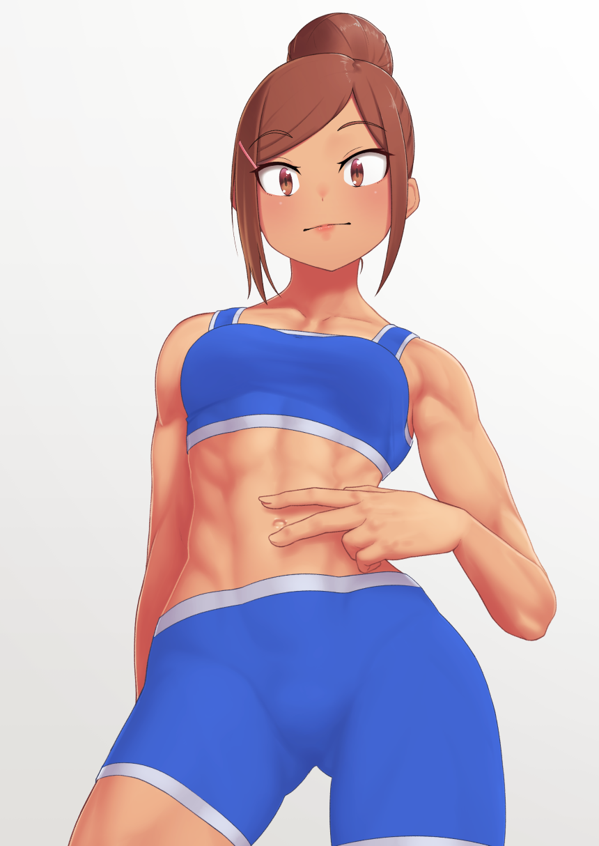 1girl abs bike_shorts breasts brown_eyes brown_hair closed_mouth collarbone commentary_request dumbbell_nan_kilo_moteru? eyebrows_visible_through_hair eyelashes from_below hair_bun highres looking_at_viewer looking_down muscle muscular_female navel putchers short_hair solo uehara_ayaka v white_background