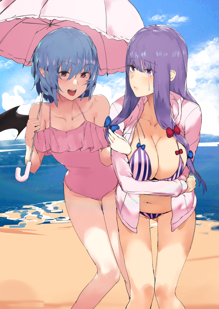 2girls ass_visible_through_thighs asuzemu bangs bare_shoulders beach bikini blue_hair blue_ribbon blue_sky blunt_bangs breasts clouds collarbone commentary_request day eyebrows_visible_through_hair flat_chest frilled_swimsuit frills hair_ribbon jacket jacket_over_swimsuit knees_together_feet_apart large_breasts long_hair looking_at_another multiple_girls ocean one-piece_swimsuit open_mouth outdoors parasol patchouli_knowledge pink_jacket pink_swimsuit purple_hair red_eyes red_ribbon remilia_scarlet ribbon sand short_hair sidelocks sky smile standing striped striped_swimsuit sunlight swimsuit thigh_gap touhou umbrella violet_eyes