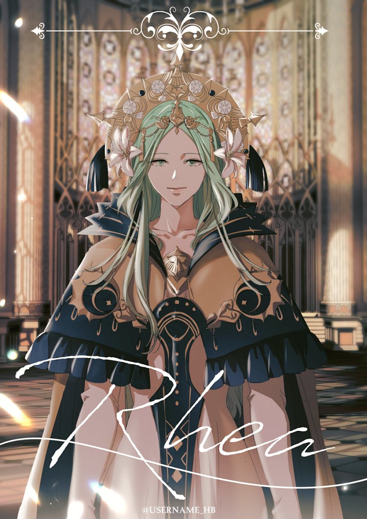 1girl cape capelet character_name closed_mouth fire_emblem fire_emblem:_three_houses flower green_eyes green_hair hair_flower hair_ornament headpiece indoors long_hair rhea_(fire_emblem) solo username_hb