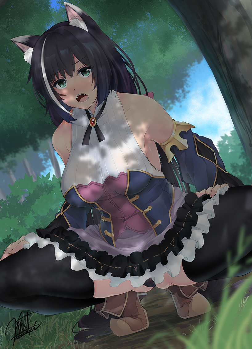 1girl :o animal_ear_fluff animal_ears black_hair black_legwear blue_sky boots breasts brooch cat_ears clouds commentary_request eyebrows_visible_through_hair forest grass indoors jewelry karyl_(princess_connect!) kirisaki_byakko large_breasts looking_at_viewer multicolored_hair nature princess_connect! princess_connect!_re:dive skirt sky sleeveless solo spread_legs squatting streaked_hair thigh-highs tree white_hair