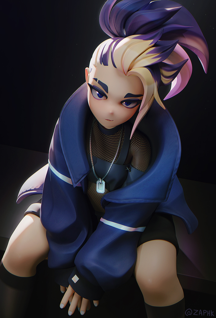 1girl akali baggy_clothes black_eyeshadow blonde_hair blue_eyes commentary dog_tags english_commentary eyeshadow fishnet_top forehead hair_pulled_back jacket k/da_(league_of_legends) kneehighs league_of_legends looking_at_viewer makeup multicolored_hair open_clothes open_jacket pink_hair ponytail purple_hair shorts sidelighting sitting sleeves_past_wrists solo the_baddest_akali thick_eyebrows zaphk