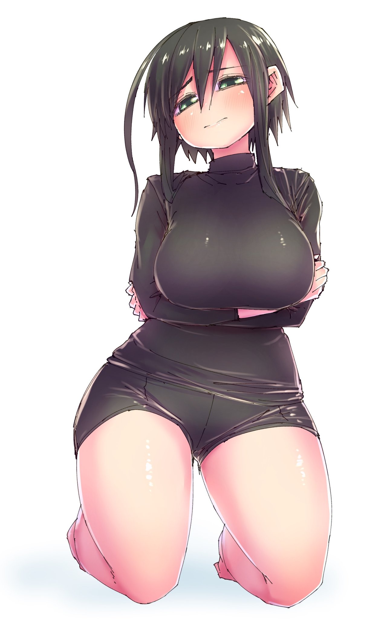 1girl ahoge arms_under_breasts black_hair black_shirt black_shorts breasts green_eyes highres huge_ahoge juugoya_(zyugoya) kneeling medium_breasts musuko_ga_kawaikute_shikatanai_mazoku_no_hahaoya nishimura_chiharu shirt short_hair shorts sidelocks simple_background thick_thighs thighs white_background