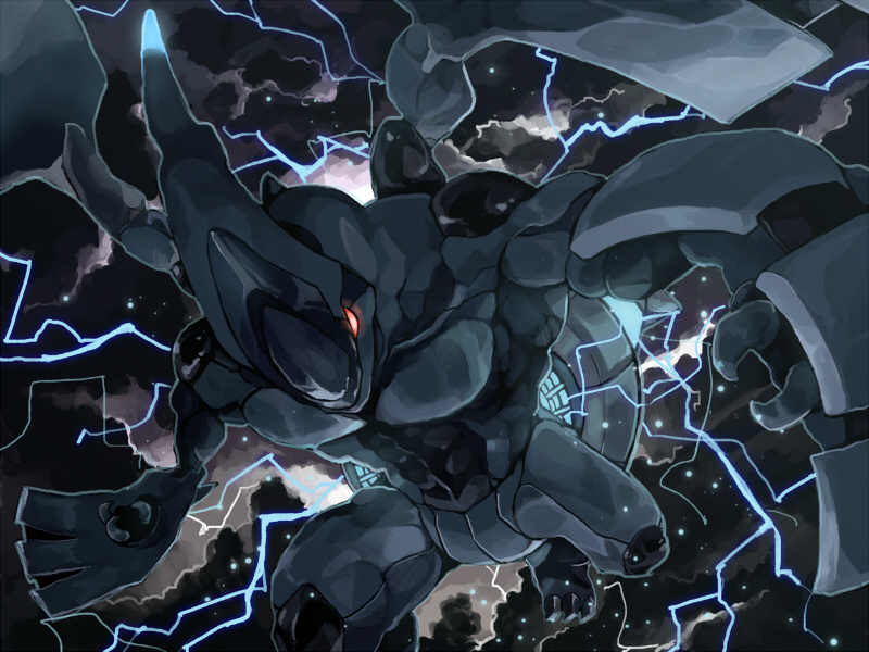 abs claws commentary electricity gen_5_pokemon glowing glowing_eyes legendary_pokemon muscle nekonekoyukai no_humans pokemon pokemon_(creature) red_eyes solo zekrom