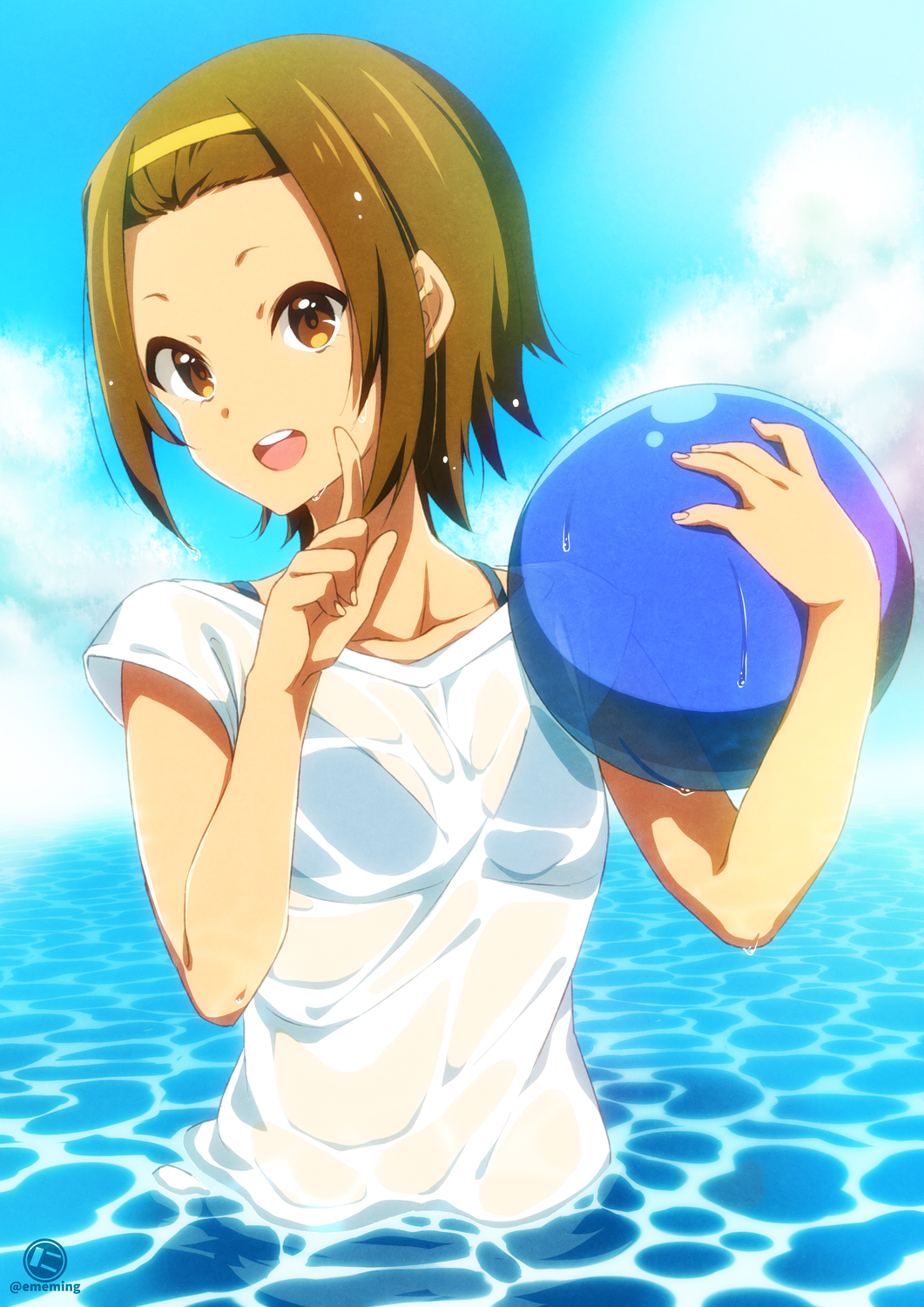 1girl :d ball bangs_pinned_back beachball bikini bikini_under_clothes black_bikini blue_sky brown_eyes brown_hair collarbone commentary_request day forehead hairband highres holding holding_ball index_finger_raised k-on! nyanmaru_(ememing) ocean open_mouth outdoors partially_submerged round_teeth see-through short_hair short_sleeves signature sky smile solo swimsuit tainaka_ritsu teeth transparent upper_body upper_teeth water yellow_hairband