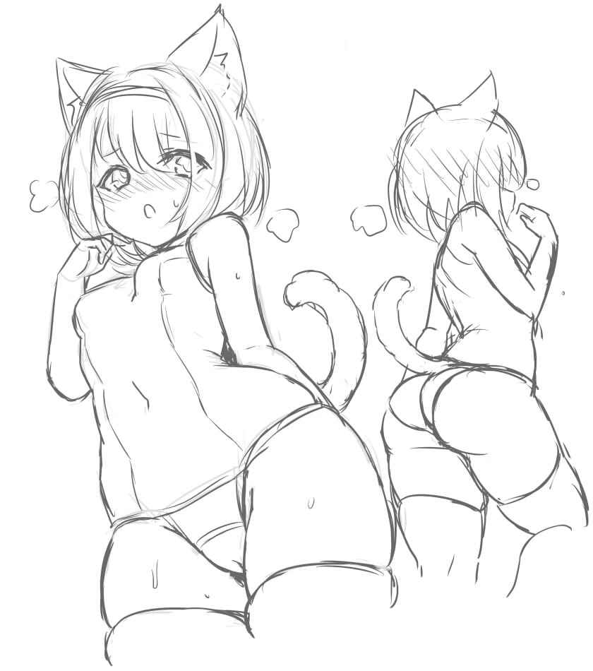 1girl animal_ear_fluff animal_ears ass bangs bare_arms bare_shoulders blush breasts cat_ears cat_girl cat_tail cropped_legs eyebrows_visible_through_hair greyscale hair_between_eyes hand_up monochrome multiple_views nose_blush old_school_swimsuit one-piece_swimsuit original parted_lips school_swimsuit simple_background skindentation small_breasts sweat swimsuit tail thigh-highs unname white_background