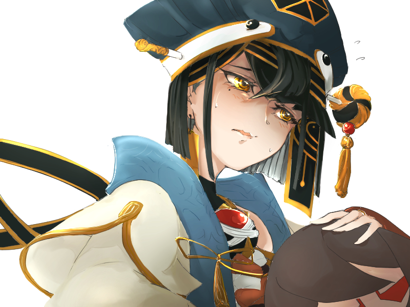 1girl black_gloves black_hair blue_headwear breasts chinese_clothes consort_yu_(fate) crying crying_with_eyes_open doll enginate fate/grand_order fate_(series) fingerless_gloves gem gloves hair_between_eyes hair_ornament hair_over_one_eye hair_stick holding holding_doll long_sleeves looking_to_the_side medium_hair mole mole_under_eye simple_background small_breasts solo straight_hair tassel tears upper_body white_background xu_fu_(fate)