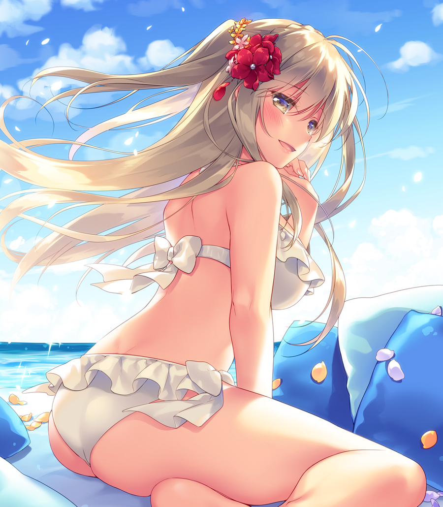 1girl :d ass bangs bare_arms bare_legs bare_shoulders bikini blue_sky blush bow breasts brown_eyes brown_hair clouds commentary_request day eyebrows_visible_through_hair floating_hair flower from_side hair_flower hair_ornament hand_up large_breasts leaning_forward long_hair looking_at_viewer looking_to_the_side motomiya_mitsuki ocean open_mouth original outdoors petals pillow pink_lips red_flower sitting sky smile solo swimsuit very_long_hair wariza water white_bikini white_bow wind
