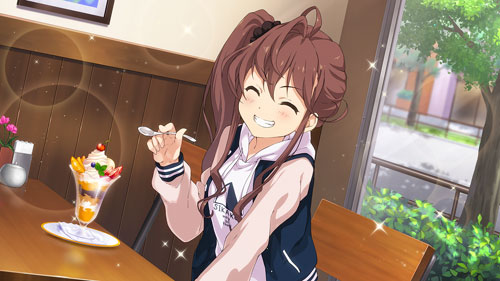 22/7 blush brown_hair closed_eyes jacket long_hair side_ponytail smile toda_jun