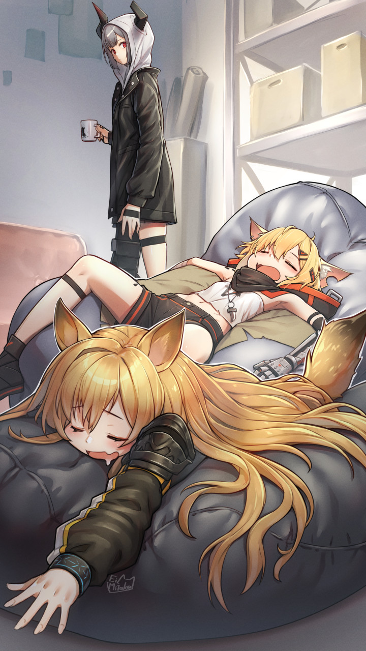 3girls animal_ear_fluff animal_ears arknights armpits bangs bean_bag_chair black_footwear black_jacket blonde_hair box broken_horn brown_hair ceobe_(arknights) closed_eyes cup dog_ears dog_girl dog_tail drooling fang fang_necklace fox_ears fox_girl grey_hair hair_between_eyes hair_ornament hairclip highres holding holding_cup hood hooded_jacket horns jacket long_hair looking_at_another lounging lying mechanical_arm midriff mitake_eiru multicolored multicolored_clothes multicolored_jacket multiple_girls navel notched_ear on_back on_stomach open_mouth oripathy_lesion_(arknights) prosthesis prosthetic_arm prosthetic_leg red_eyes resting shelf shirt short_hair shorts signature sleeping smile tail thigh_strap vermeil_(arknights) vulcan_(arknights) white_shirt