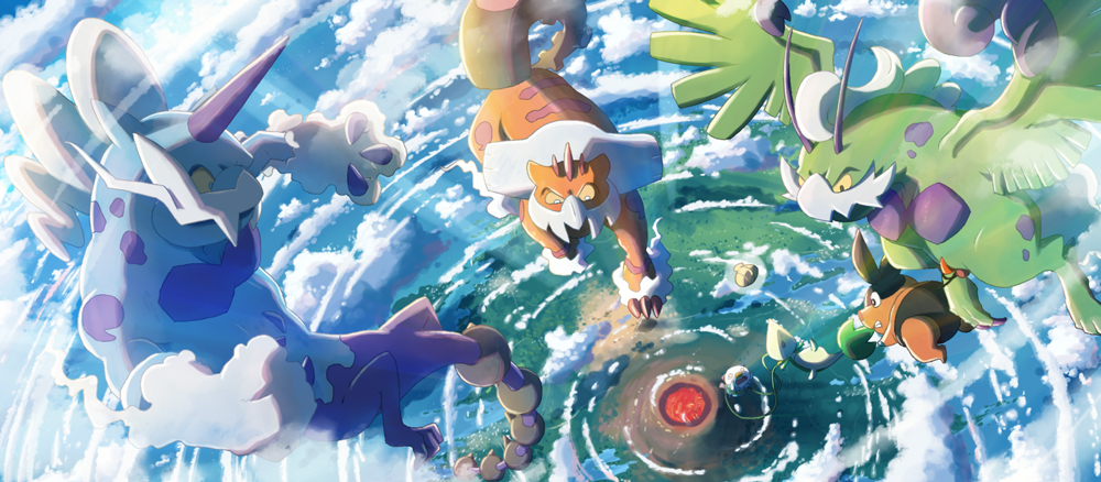 @_@ clenched_teeth clouds collaboration commentary_request day falling flying from_above gen_5_pokemon holding landorus landorus_(therian) legendary_pokemon looking_down mouth_hold nekonekoyukai open_mouth oshawott outdoors plant pokemon pokemon_(creature) seashell shell size_difference sky snivy teeth tepig thundurus thundurus_(therian) tongue tornadus tornadus_(therian) vines volcano yakkun yellow_sclera