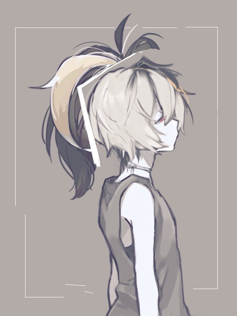 1girl bare_shoulders collar commentary flower_(vocaloid) from_side half-closed_eyes medium_hair mi_no_take monochrome multicolored_hair ponytail profile red_eyes shirt sleeveless sleeveless_shirt solo spot_color streaked_hair upper_body vocaloid white_hair