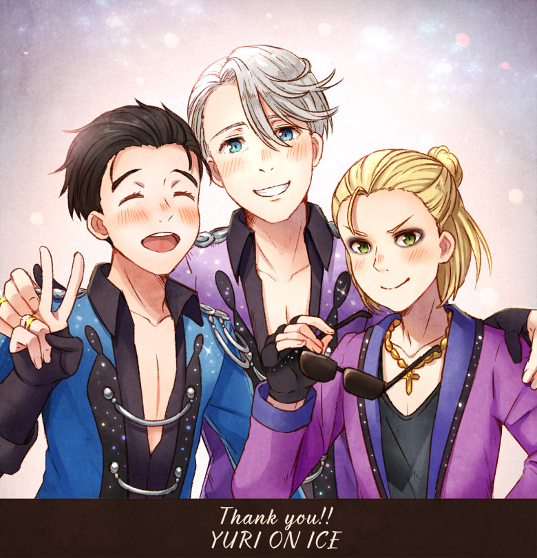 3boys ^_^ black_hair blonde_hair blue_eyes closed_eyes collared_shirt copyright_name cross cross_necklace english_text eyeshadow eyewear_removed green_eyes grin hand_on_another's_shoulder jewelry katsuki_yuuri makeup male_focus multiple_boys necklace open_mouth ring shirt silver_hair smile sunglasses twc_(p-towaco) v viktor_nikiforov yuri!!!_on_ice yuri_plisetsky