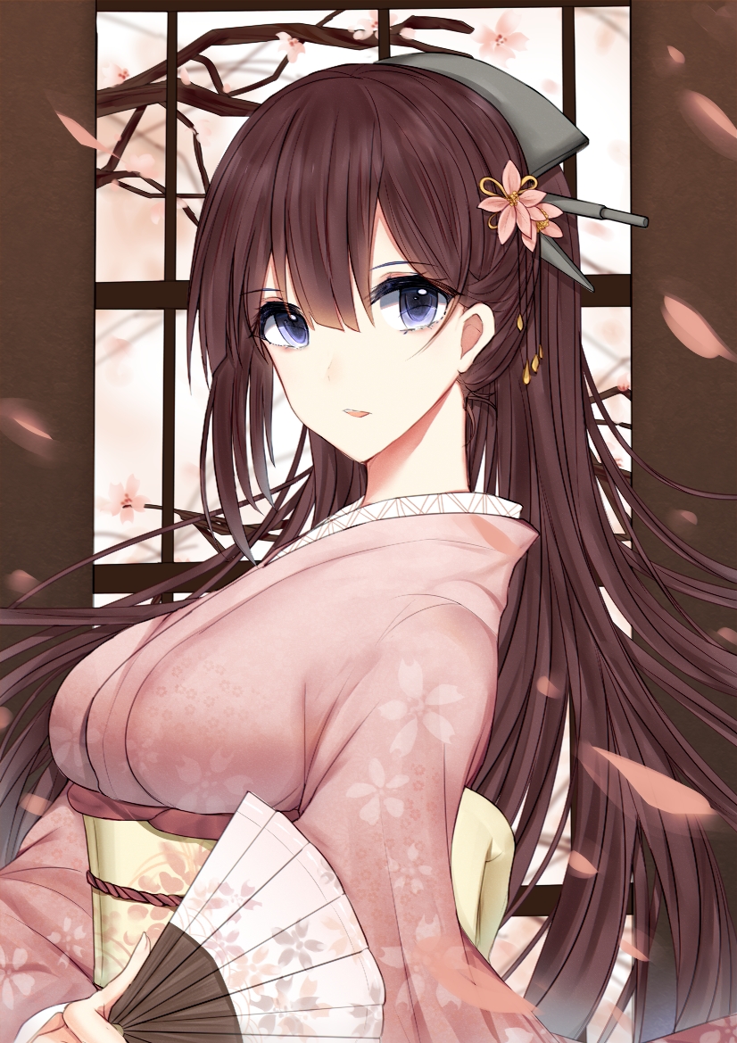 1girl 3874384829 blue_eyes breasts brown_hair eyebrows_visible_through_hair fan flower hair_flower hair_ornament hairband holding holding_fan japanese_clothes kimono long_hair looking_at_viewer nagato_(warship_girls_r) open_eyes open_mouth petals pink_kimono simple_background solo warship_girls_r yukata