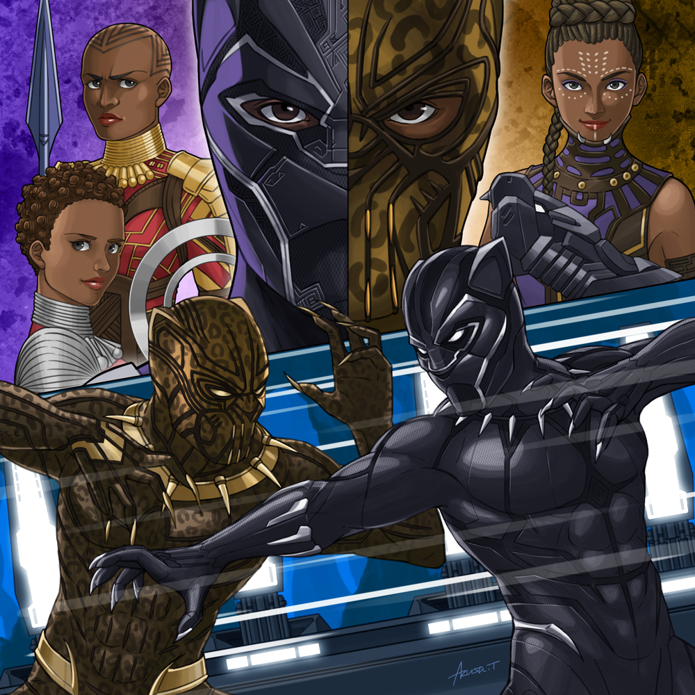 2boys 3girls animal_ears azusa_tanaka battle beard black_hair black_panther black_panther_(film) black_panther_(marvel) bodysuit breasts cat_ears character_request claws dark_skin dark_skinned_male duel facial_hair fighting holding holding_jewelry holding_necklace jewelry killmonger marvel medium_breasts multiple_boys multiple_girls necklace panther superhero t'challa very_dark_skin