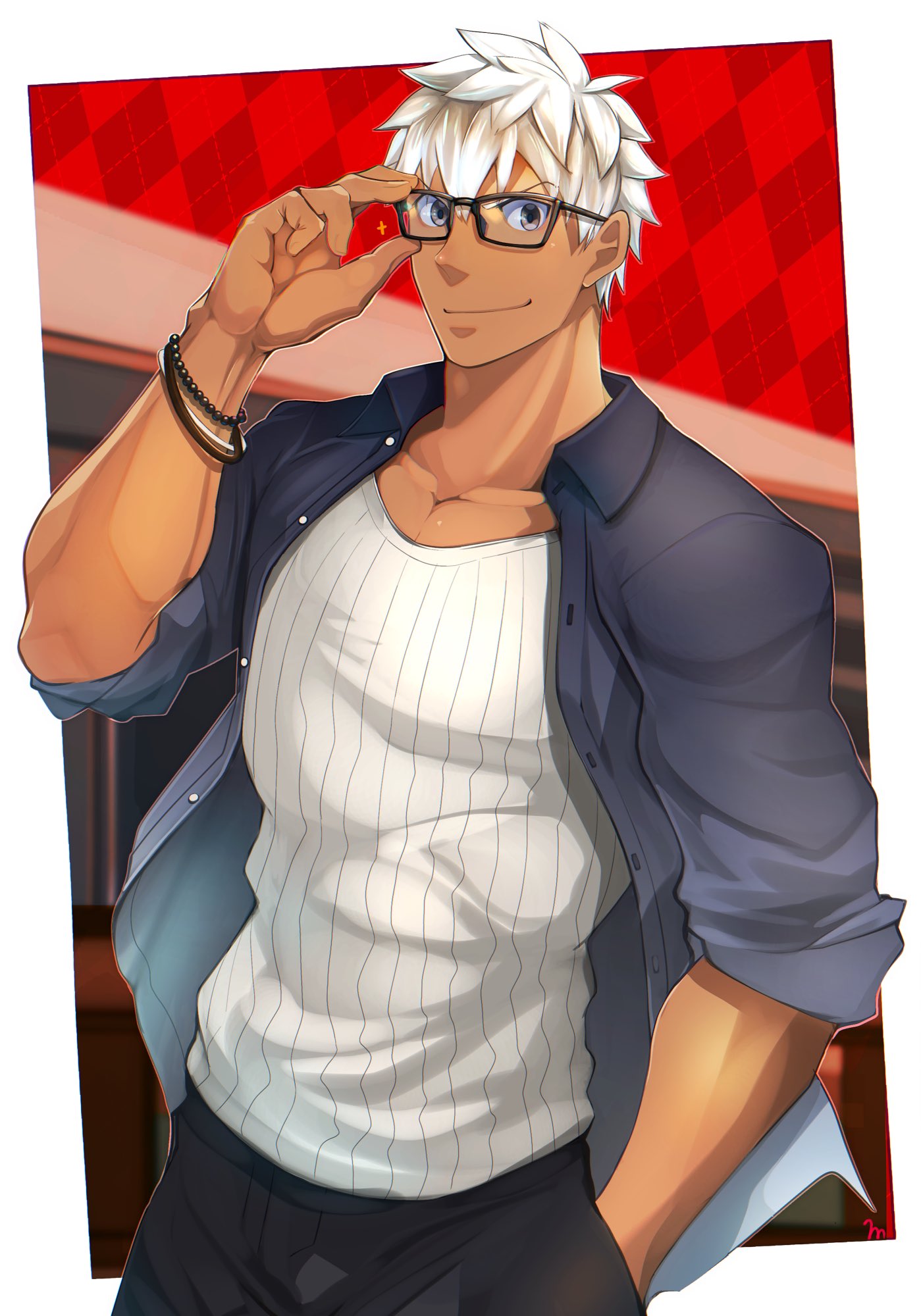 1boy alternate_costume archer bara brown_eyes chest dark_skin dark_skinned_male fate/grand_order fate/stay_night fate_(series) glasses highres kuro_(shiranui) looking_at_viewer male_focus muscle pants pectorals short_hair smile solo summer_casual_(fate/grand_order) tank_top white_hair