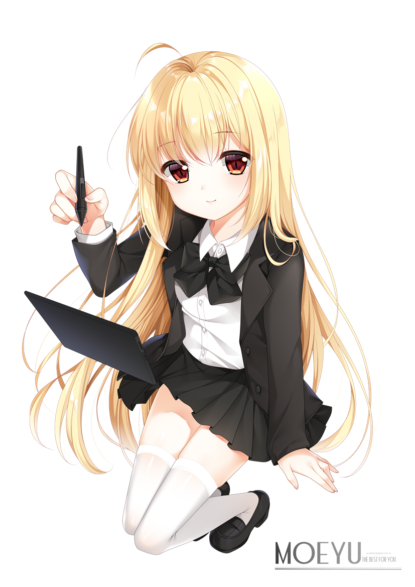 1girl ahoge arm_support bangs black_bow black_footwear black_jacket black_skirt blonde_hair blush bow closed_mouth collared_shirt commentary_request dress_shirt eyebrows_visible_through_hair hair_between_eyes holding holding_stylus jacket loading_(verjuice) loafers long_hair long_sleeves looking_at_viewer open_clothes open_jacket original pleated_skirt red_eyes shirt shoes simple_background sitting skirt sleeves_past_wrists smile solo stylus tablet_pc thigh-highs very_long_hair white_background white_legwear white_shirt