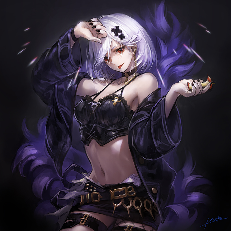 1girl alter_ego_malevolent_(granblue_fantasy) apple arm_up bangs bare_shoulders belt black_background black_jacket black_nails bob_cut breasts choker cowboy_shot crop_top djeeta_(granblue_fantasy) earrings fishnet_legwear fishnets food fruit granblue_fantasy grey_hair hair_between_eyes hair_ornament hair_over_eyes hand_on_forehead hand_up head_tilt holding holding_food jacket jewelry long_sleeves looking_at_viewer medium_breasts midriff nail_polish navel o-ring off_shoulder open_clothes open_jacket pendant purple_background red_eyes short_hair signature single_leg_pantyhose skirt smile solo swept_bangs thigh_strap tongue tongue_out uroko_(mnr) white_hair wrist_extended wristband x_hair_ornament