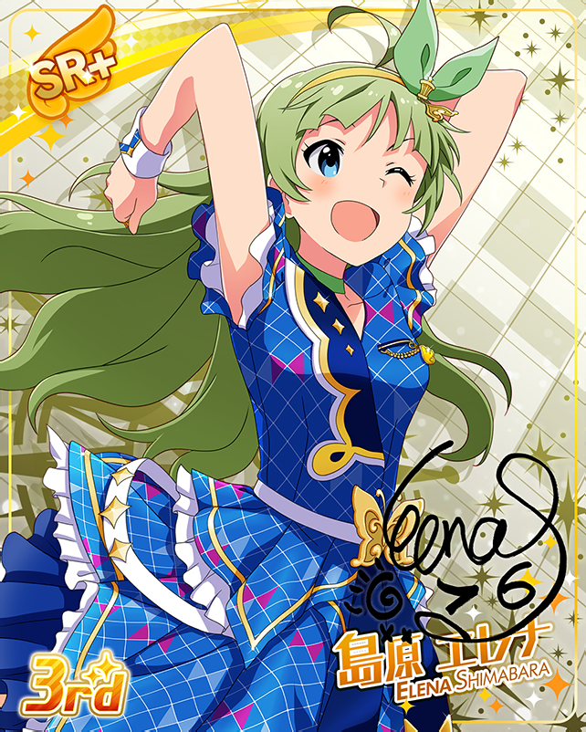 blue_eyes blush character_name dress green_eyes idolmaster_million_live!_theater_days long_hair shimabara_elena smile wink