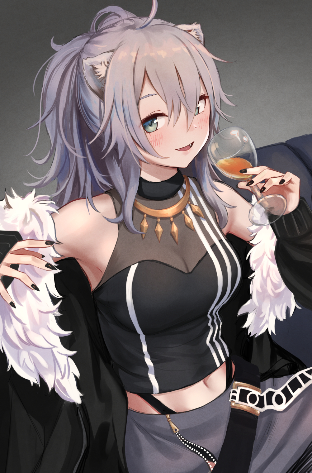 1girl :d ahoge animal_ears armpits bangs bare_shoulders black_jacket black_nails black_shirt blush breasts commentary_request cup drinking_glass fangs fur-trimmed_jacket fur_trim grey_background grey_eyes hair_between_eyes highres holding holding_cup hololive jacket jewelry large_breasts lion_ears long_hair long_sleeves looking_at_viewer medium_breasts midriff nail_polish navel necklace off_shoulder open_clothes open_jacket open_mouth partial_commentary roke_(taikodon) shirt shishiro_botan silver_hair sleeveless sleeveless_shirt smile solo wine_glass