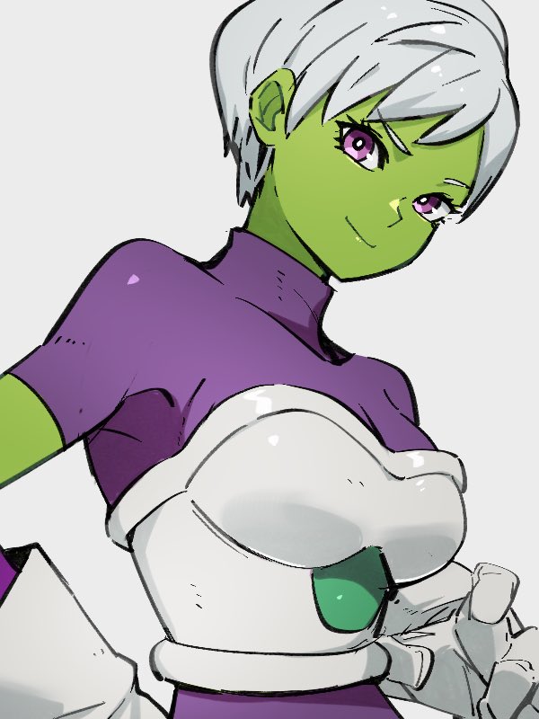 1girl bodysuit breasts cheelai closed_mouth dragon_ball dragon_ball_super dragon_ball_super_broly gloves green_skin grey_background kemachiku looking_at_viewer medium_breasts purple_bodysuit short_hair simple_background smile solo violet_eyes white_gloves white_hair