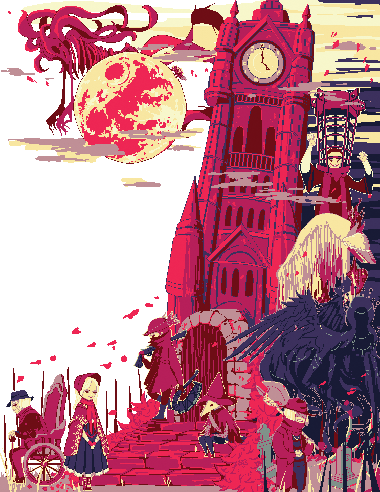 2girls 4boys antlers arms_up axe bandaged_arm bandages bandages_over_eyes black_dress black_footwear black_hair black_headwear black_pants black_wings blood bloodborne bonnet cage cane claws cloak clock clock_tower clouds coat cravat dress dual_wielding eileen_the_crow english_commentary father_gascoigne flying full_moon gehrman_the_first_hunter gun gyoguts hat holding holding_axe holding_gun holding_weapon horns hunter_(bloodborne) long_coat long_hair long_sleeves looking_away mergo's_wet_nurse micolash_host_of_the_nightmare monster moon moon_presence multiple_boys multiple_girls old_man over_shoulder pants pixel_art plague_doctor_mask plain_doll red_theme saw_cleaver scarf short_hair sitting smile stairs teeth tentacles tombstone tower tricorne vicar_amelia walking weapon wheelchair white_hair wide_sleeves wings