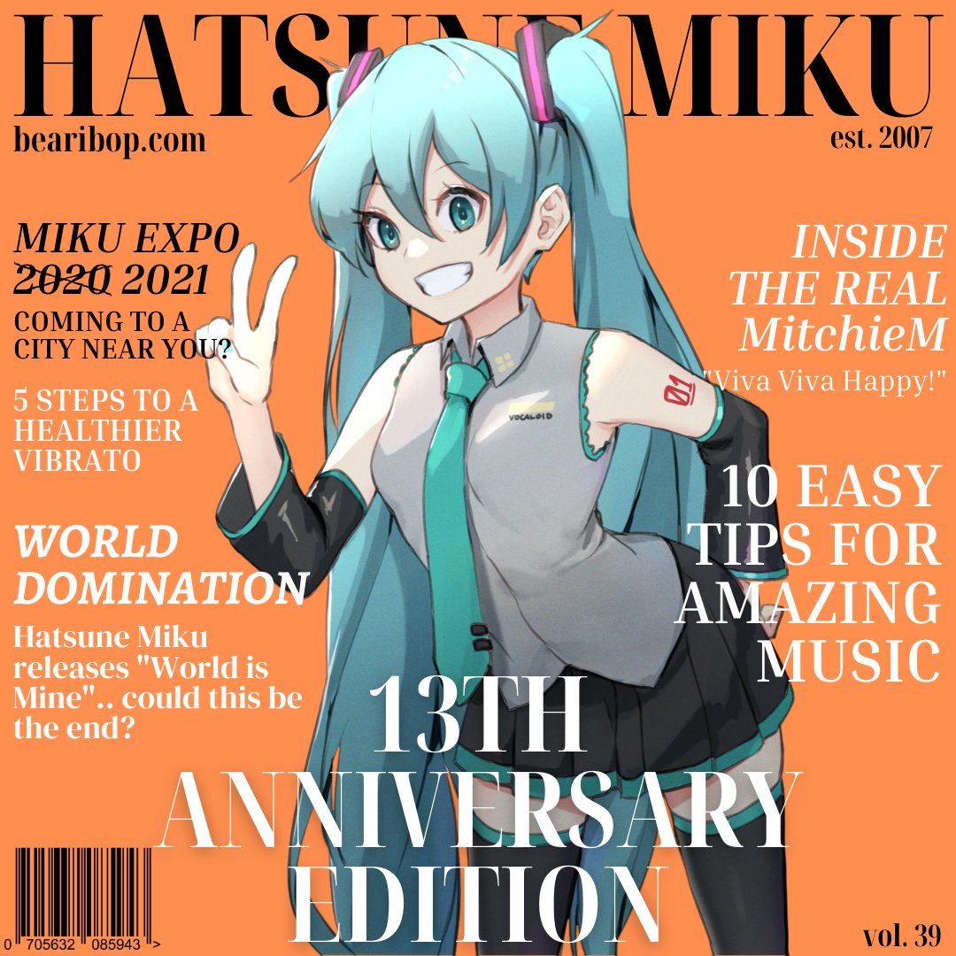1girl anniversary barcode black_legwear breasts commentary cover detached_sleeves english_commentary english_text fake_magazine_cover green_eyes green_hair grey_shirt hair_between_eyes hatsune_miku leaning_forward long_hair magazine_cover magister_(medical_whiskey) necktie orange_background shirt shoulder_tattoo sleeveless sleeveless_shirt small_breasts solo tattoo thigh-highs twintails v very_long_hair vocaloid zettai_ryouiki