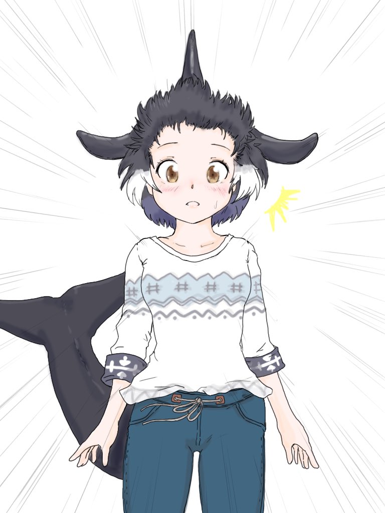 /\/\/\ 1girl arms_at_sides black_hair blush brown_eyes casual collarbone contemporary denim dolphin_tail dorsal_fin emphasis_lines forehead head_fins jeans kemono_friends looking_at_viewer multicolored_hair orca_(kemono_friends) pants parted_lips purple_hair saja_(166j357) short_hair solo surprised sweater tail white_hair