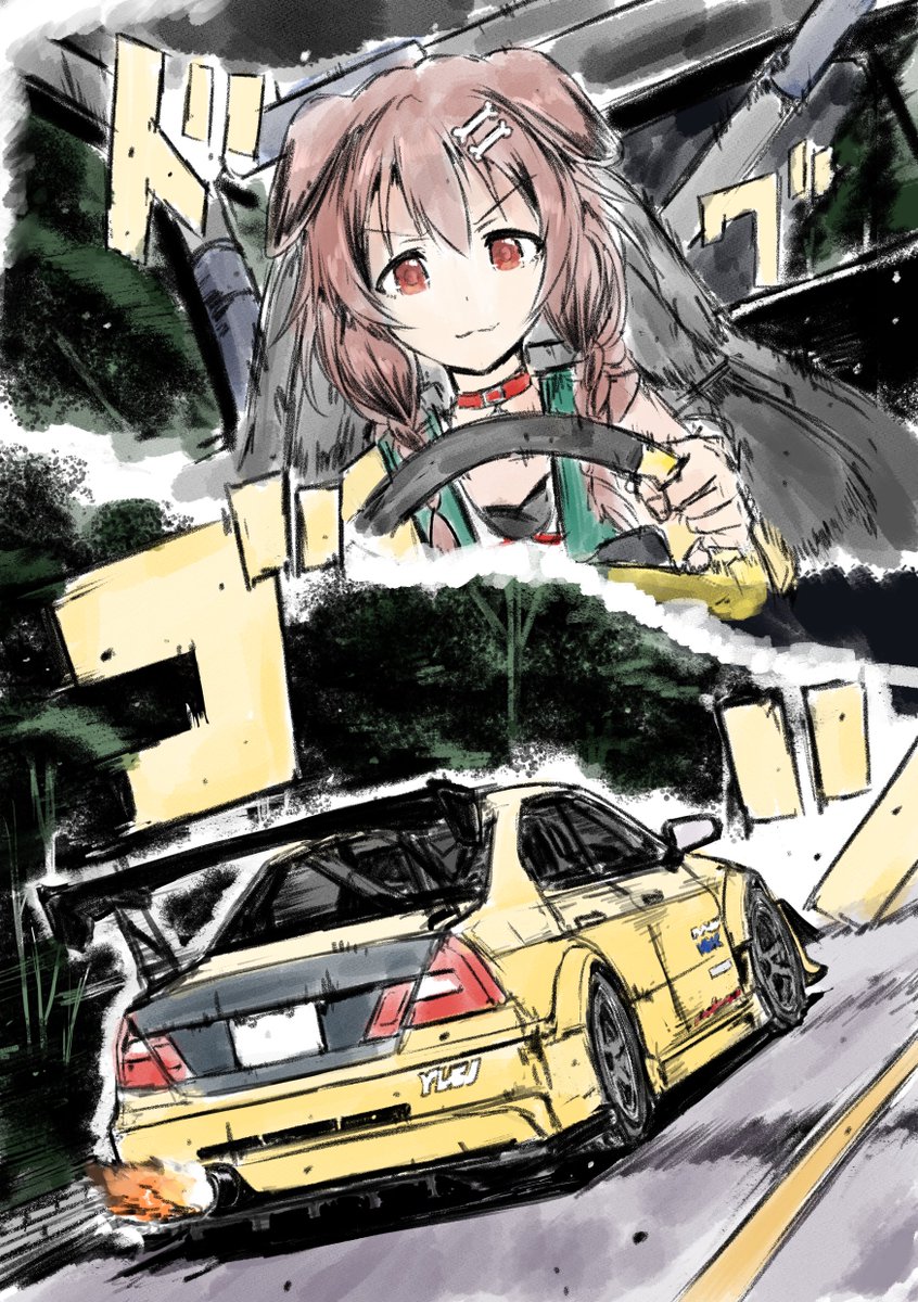 1girl :3 animal_ears artist_request bangs braid brown_eyes brown_hair car cartoon_bone choker collar dog_collar dog_ears dog_girl driving eyebrows_visible_through_hair ground_vehicle hair_between_eyes hair_ornament hairclip highres hololive initial_d inugami_korone jacket long_hair low_twin_braids mitsubishi_lancer_evolution motor_vehicle off-shoulder_jacket red_collar side_braids solo twin_braids virtual_youtuber yellow_jacket