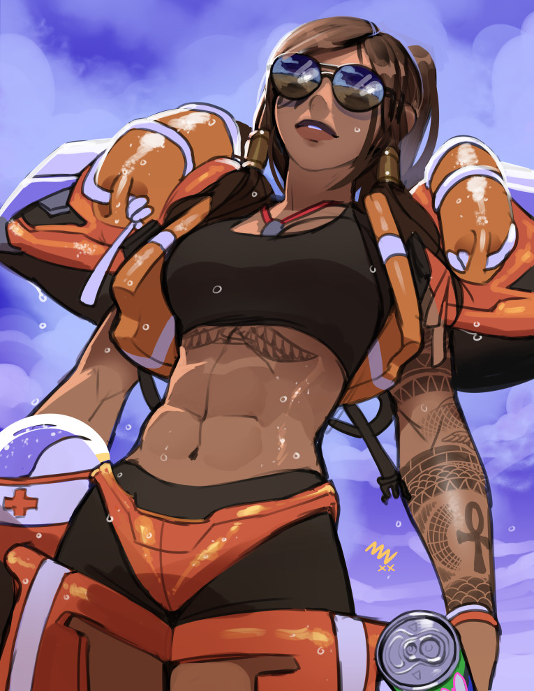 1girl abs alternate_costume alternate_hairstyle arm_tattoo armor aviator_sunglasses black_swimsuit breasts brown_hair can chest_tattoo clouds cloudy_sky commentary dark_skin day english_commentary eye_of_horus facial_tattoo from_below glasses hair_tubes headwear_removed helmet helmet_removed life_vest lifeguard_pharah lips long_hair medium_breasts navel opaque_glasses open_clothes open_vest overwatch pharah_(overwatch) ponytail shorts shoulder_armor sky soda_can solo sunglasses swimsuit tankini tattoo toned vashperado vest wet whistle whistle_around_neck