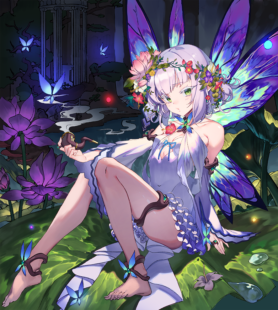 1girl bare_legs bug butterfly butterfly_wings covered_navel detached_sleeves dress fairy feet flower glowing glowing_butterfly green_eyes hair_flower hair_ornament head_wreath insect jewelry knees_up olys original outdoors pipe pond ring sitting white_dress white_hair wide_sleeves wings