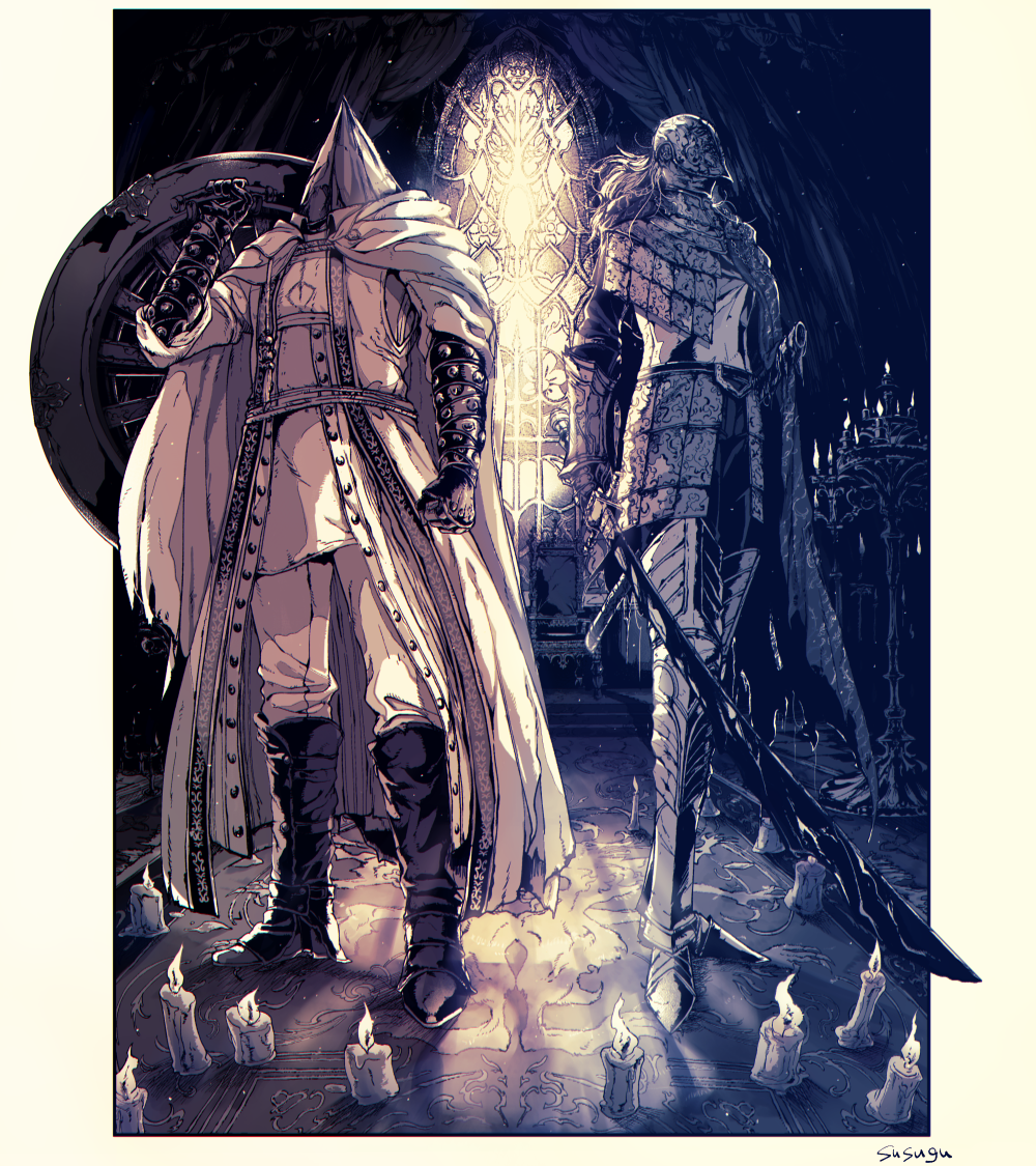 2others arm_at_side armor artist_name asa02 blood bloodborne bloody_weapon boots border breastplate candle cape chikage_(bloodborne) cloak commentary_request faulds full_body gauntlets greaves greyscale helmet holding holding_sword holding_weapon long_hair looking_away monochrome multiple_others over_shoulder pants scabbard sheath stained_glass standing sword weapon wheel white_border window