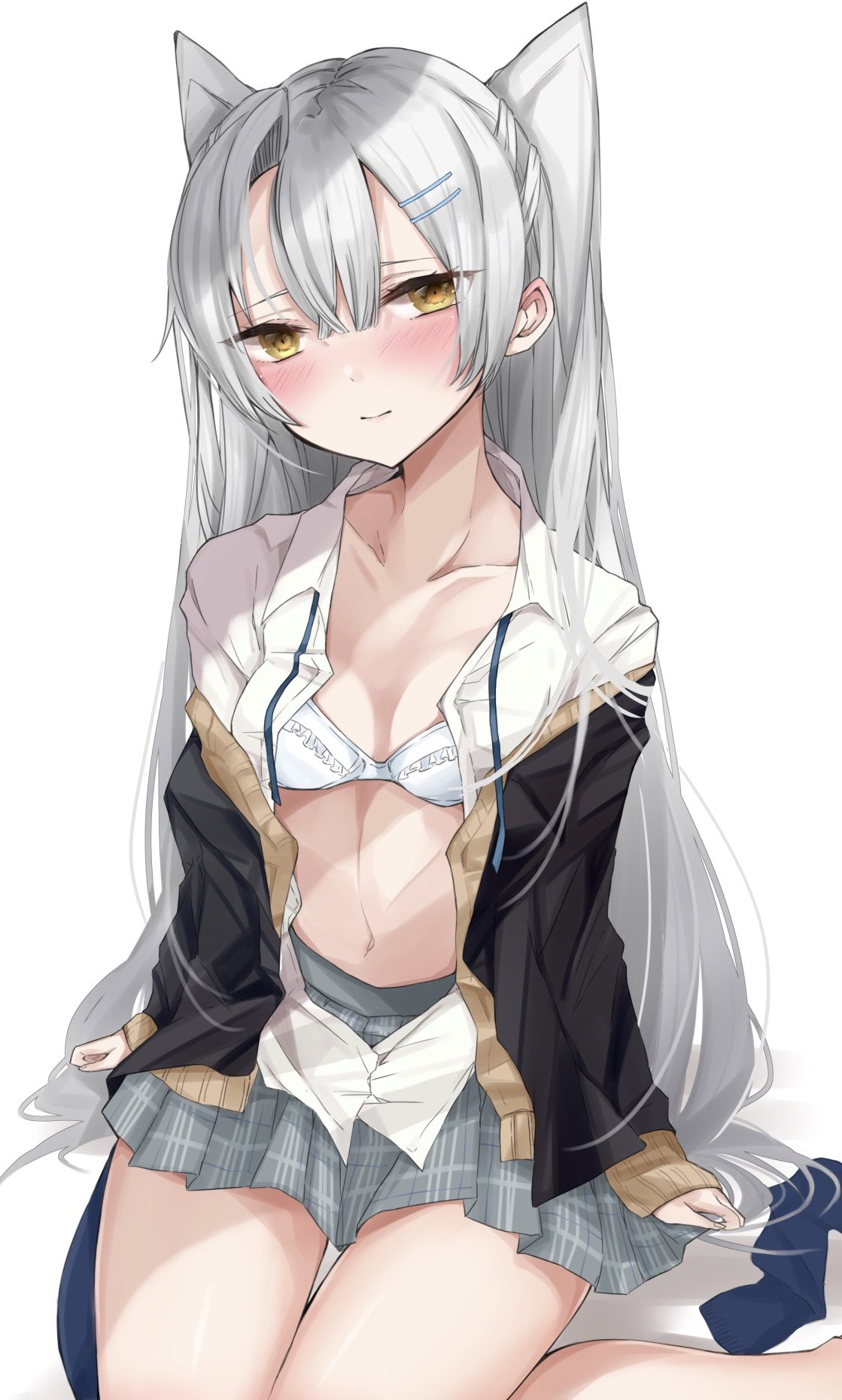 1girl alternate_costume amatsukaze_(kantai_collection) black_jacket blazer bra breasts brown_eyes cardigan chigasaki_y collarbone commentary_request dress_shirt feet_out_of_frame grey_skirt highres jacket kantai_collection lace lace_bra long_hair looking_at_viewer open_clothes pleated_skirt school_uniform shirt silver_hair sitting skirt small_breasts smile solo thigh_gap two_side_up underwear wariza white_shirt