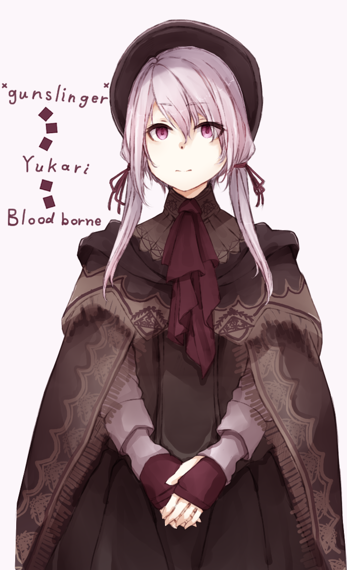 1girl ascot bangs bloodborne bonnet character_name cloak closed_mouth commentary_request copyright_name cosplay cowboy_shot dress eyebrows_visible_through_hair hachikuji hair_ornament long_hair looking_at_viewer low_twintails own_hands_together plain_doll plain_doll_(cosplay) purple_hair red_headwear red_ribbon ribbon simple_background sleeves_past_wrists solo twintails v_arms violet_eyes voiceroid white_background yuzuki_yukari