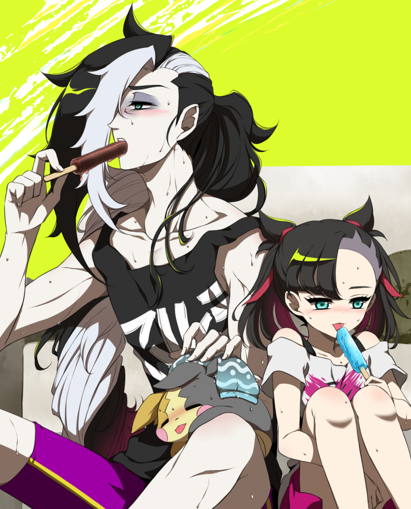 1boy 1girl asymmetrical_bangs bangs bare_arms black_hair blush brother_and_sister commentary_request eating eyelashes eyeshadow food gen_8_pokemon green_eyes hair_over_one_eye hair_ribbon holding hot knees kurobe_sclock licking long_hair makeup marnie_(pokemon) morpeko morpeko_(full) multicolored_hair open_mouth piers_(pokemon) pokemon pokemon_(creature) pokemon_(game) pokemon_swsh popsicle popsicle_stick ribbon siblings sweat teeth two-tone_hair white_hair