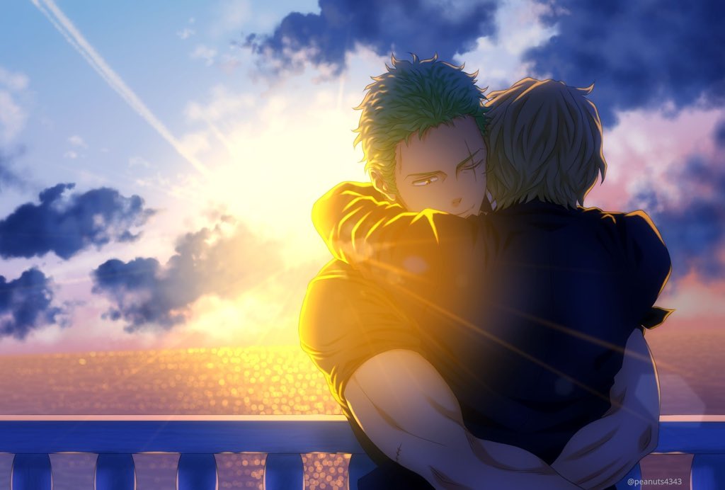 2boys blonde_hair chest clouds cloudy_sky couple cowboy_shot facial_scar green_hair hair_over_one_eye hug male_focus multiple_boys muscle one_eye_closed one_piece pinattsu roronoa_zoro sanji scar short_hair sky sunset toned toned_male yaoi