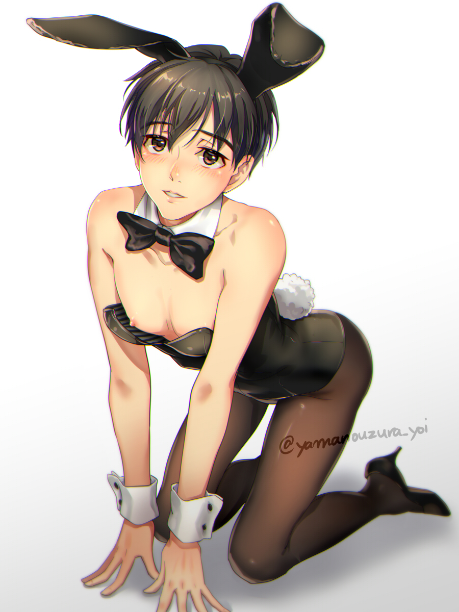 1boy all_fours animal_ears black_hair black_legwear blush bow bowtie brown_eyes bunny_boy bunny_tail bunnysuit fake_animal_ears fake_tail high_heels highres katsuki_yuuri male_focus male_playboy_bunny nipple_slip nipples pantyhose parted_lips rabbit_ears tail twitter_username wrist_cuffs yamano_uzura yuri!!!_on_ice