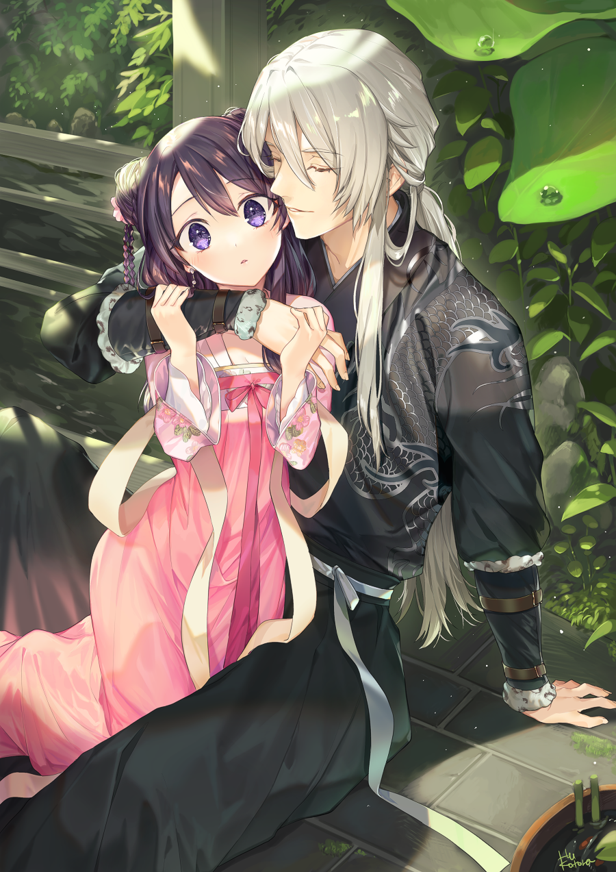 1boy 1girl arm_around_neck arm_around_shoulder arm_support artist_name bangs black_hair blush braid chinese_clothes closed_eyes commentary day double_bun english_commentary eyebrows_visible_through_hair fuu_kotora hair_between_eyes hands_up hanfu hetero highres long_hair long_sleeves looking_at_viewer original outdoors parted_lips signature silver_hair sitting violet_eyes water_drop wide_sleeves