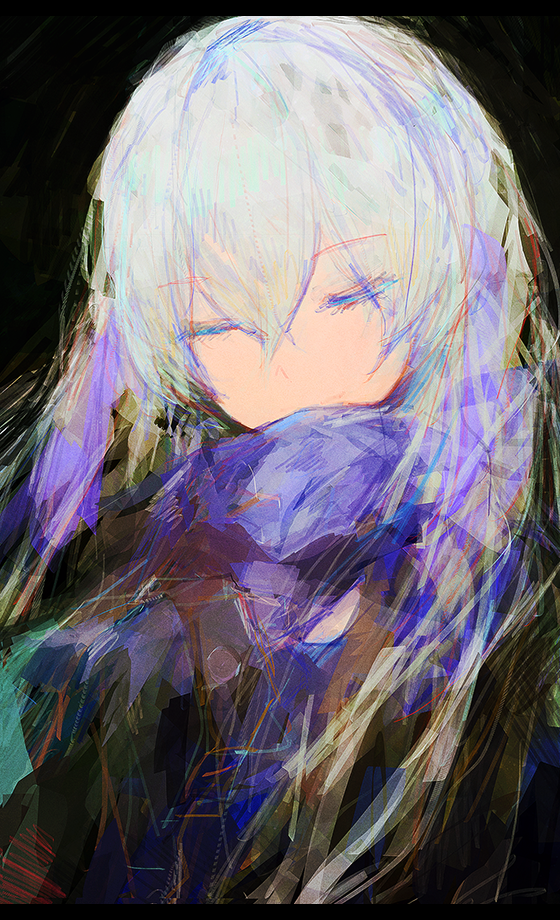 1girl abstract black_background blue_scarf closed_eyes closed_fan eyebrows_visible_through_hair eyes_visible_through_hair face fan folding_fan hair_between_eyes labombardier! long_hair original scarf simple_background sketch smile solo upper_body white_hair