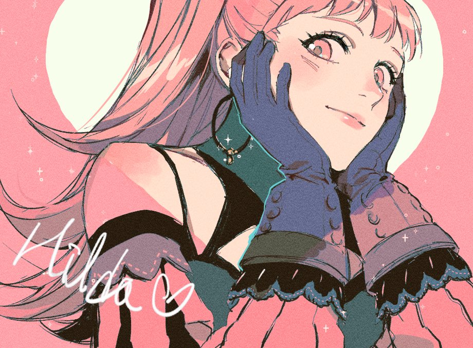 blush dimilethlover dress earrings fire_emblem fire_emblem:_three_houses gloves hands_on_own_cheeks hands_on_own_face heart hilda_valentine_goneril hoop_earrings jewelry lipstick makeup pink_background pink_eyes pink_hair pink_lips pink_lipstick simple_background sparkle_background strapless strapless_dress upper_body writing