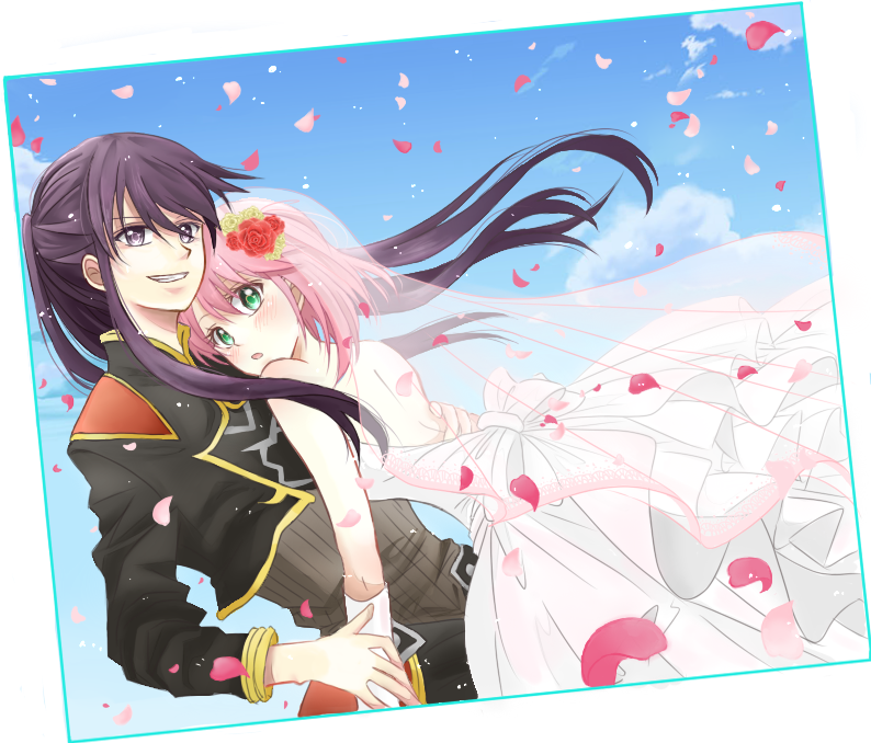 1boy 1girl black_hair blush bridal_veil dress estellise_sidos_heurassein flower green_eyes hair_flower hair_ornament long_hair noahsa-ark open_mouth petals pink_hair short_hair smirk tales_of_(series) tales_of_vesperia v-neck veil violet_eyes wedding_dress yuri_lowell