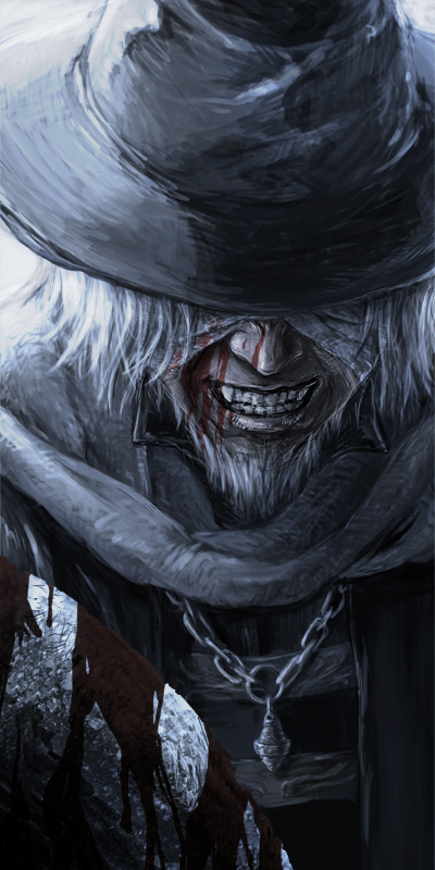 1boy ajaco_a beard black_headwear blindfold blood bloodborne bloody_weapon commentary_request face facial_hair fang father_gascoigne grey_hair grin hat holding jewelry male_focus necklace scarf short_hair smile solo teeth weapon