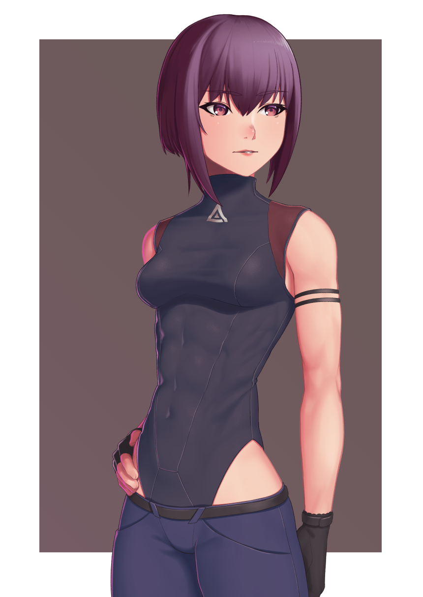 1girl arm_strap bangs belt black_gloves bodysuit breasts commentary_request covered_navel eyebrows_visible_through_hair fingerless_gloves ghost_in_the_shell gloves hair_between_eyes hand_on_hip highres kusanagi_motoko looking_to_the_side pants parted_lips purple_hair putchers short_hair sleeveless solo teeth turtleneck