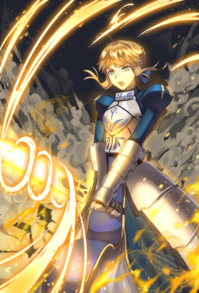 1girl ahoge armor armored_dress artoria_pendragon_(all) blonde_hair braid commentary english_commentary fate/stay_night fate_(series) floating_hair gauntlets glowing glowing_sword glowing_weapon green_eyes hirosenpaii holding holding_sword holding_weapon legs_apart looking_down open_mouth ribbon saber shiny shiny_hair smoke solo sword teeth tongue weapon