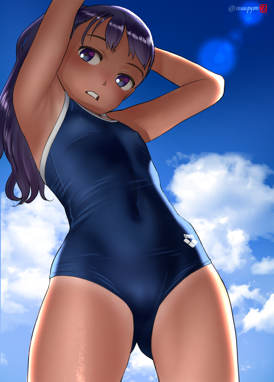 1girl arena_(company) armpits arms_up ass_visible_through_thighs blue_sky breasts clouds commentary_request competition_school_swimsuit competition_swimsuit covered_navel cowboy_shot eyebrows_visible_through_hair from_below groin highres long_hair looking_at_viewer mu-pyon one-piece_swimsuit one-piece_tan open_mouth original outdoors purple_hair sky small_breasts solo swimsuit tan tanline violet_eyes