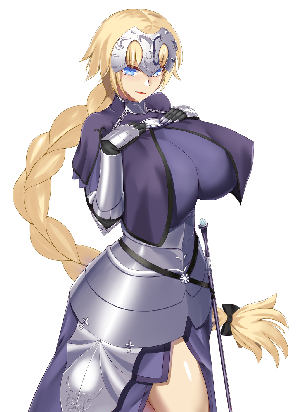 1girl armor blonde_hair blue_eyes blush braid breasts fate/apocrypha fate/grand_order fate_(series) faulds gauntlets headpiece highres huge_breasts jeanne_d'arc_(fate) jeanne_d'arc_(fate)_(all) long_braid long_hair looking_at_viewer omisotu open_mouth plackart shiny shiny_hair shiny_skin simple_background single_braid smile solo standing sword very_long_hair weapon white_background
