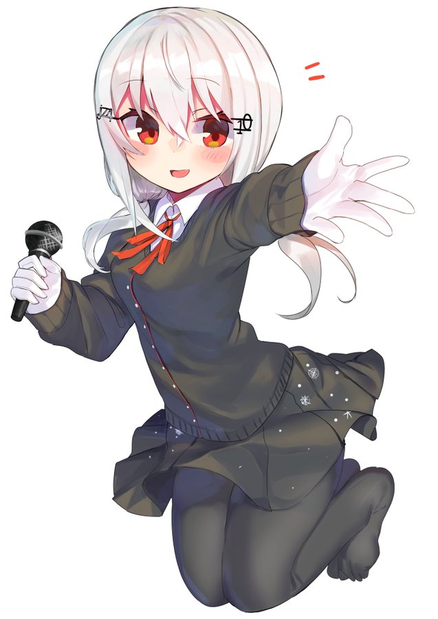 1girl :d bangs black_cardigan black_legwear black_skirt blush_stickers breasts cardigan collared_shirt daifukumochi_(akaaokiiwo) eyebrows_visible_through_hair full_body gloves hair_between_eyes hair_ornament hakase_fuyuki holding holding_microphone long_sleeves looking_at_viewer microphone neck_ribbon nijisanji no_shoes notice_lines open_mouth outstretched_arm pantyhose pleated_skirt red_eyes red_ribbon ribbon shirt silver_hair simple_background skirt sleeves_past_wrists small_breasts smile solo virtual_youtuber white_background white_gloves white_shirt