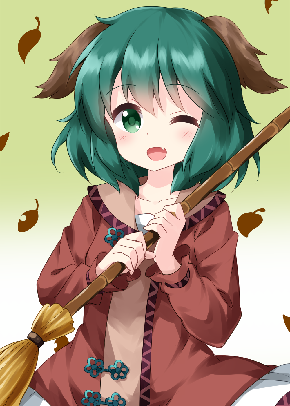 1girl animal_ears blush broom brown_dress commentary_request dress falling_leaves fang gradient gradient_background green_background green_eyes green_hair highres holding holding_broom kasodani_kyouko leaf long_sleeves looking_at_viewer medium_hair one_eye_closed open_mouth ruu_(tksymkw) smile solo touhou upper_body